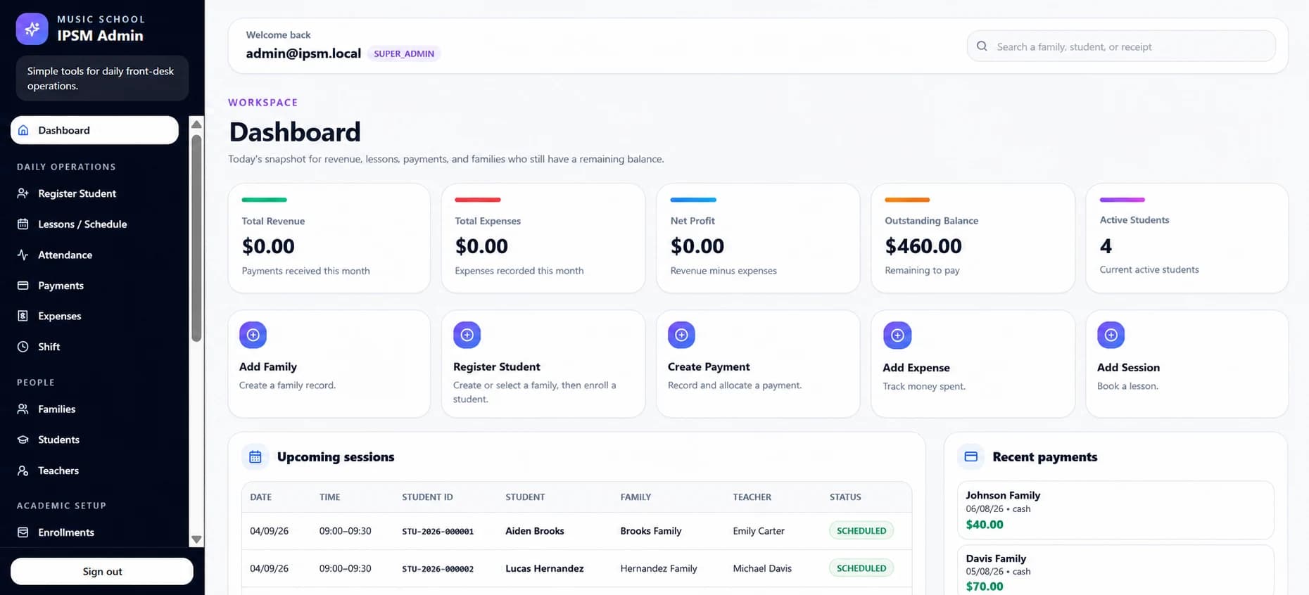 IPSM school management dashboard with operational and financial summaries