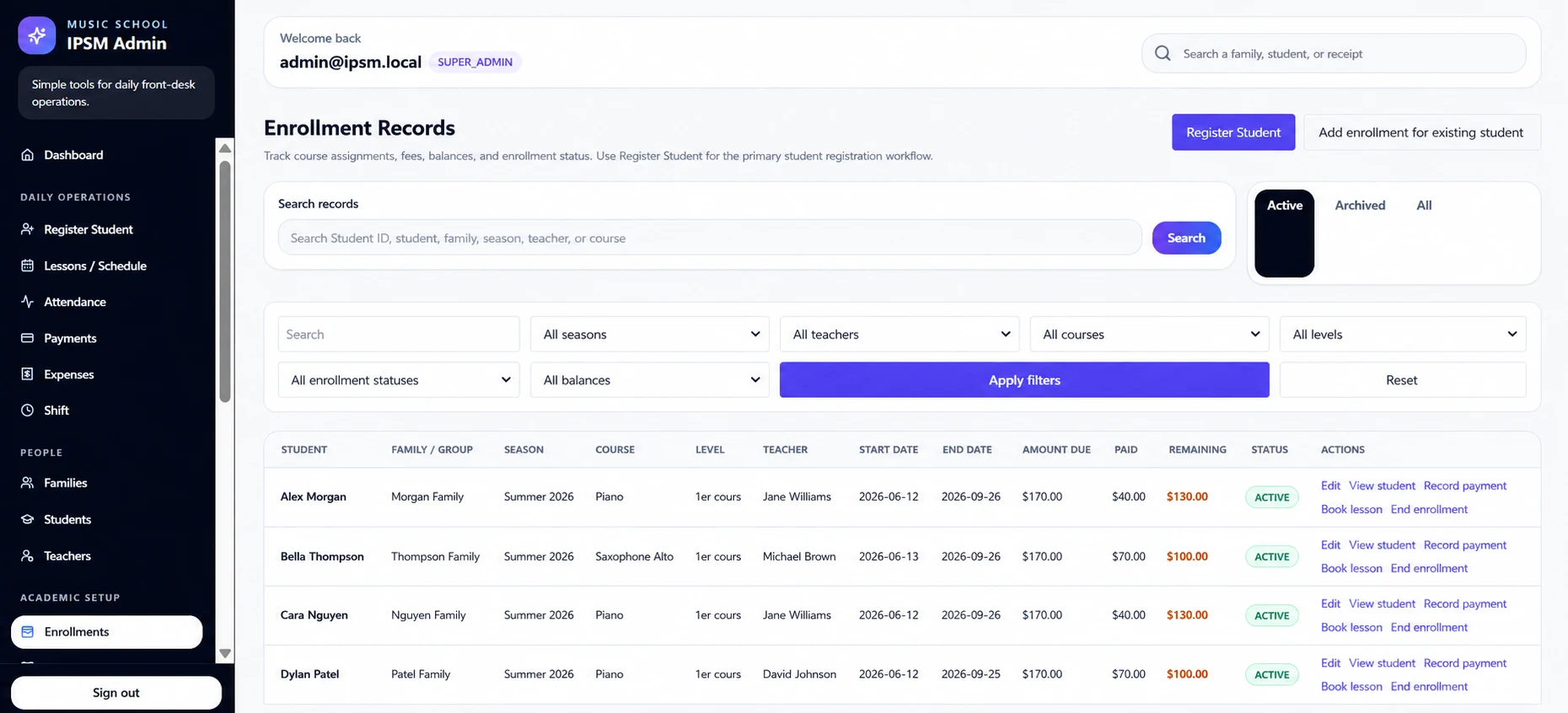IPSM enrollment records with course, teacher, fee and balance filters