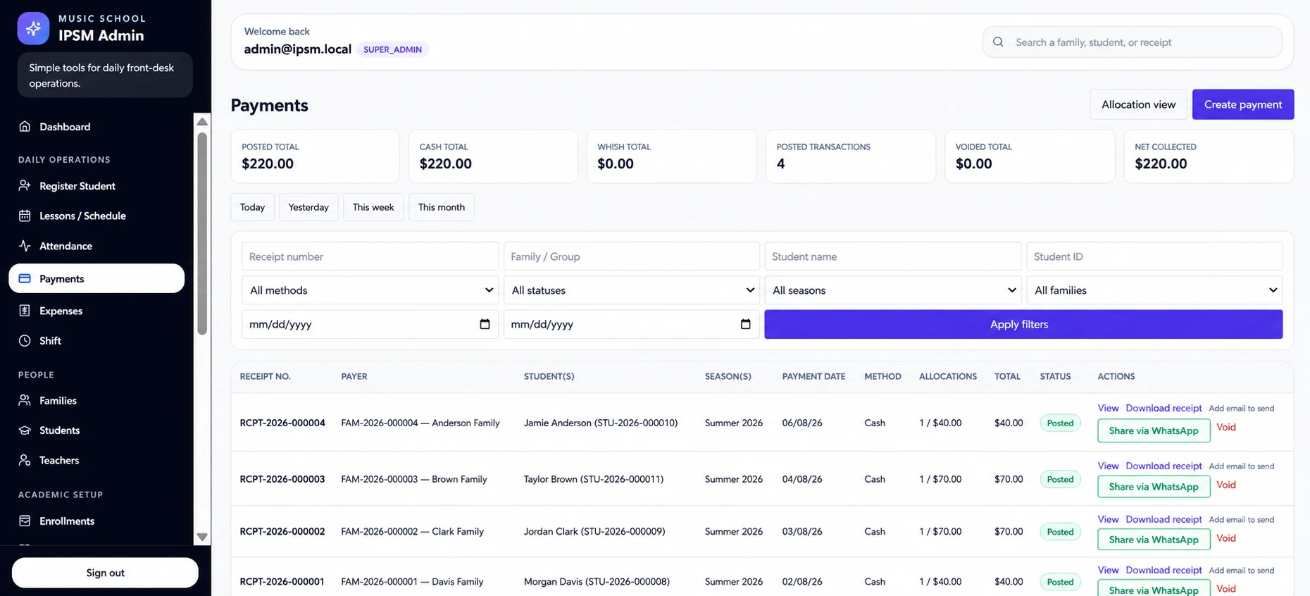 IPSM payments workspace with transaction totals, allocation filters and receipt actions