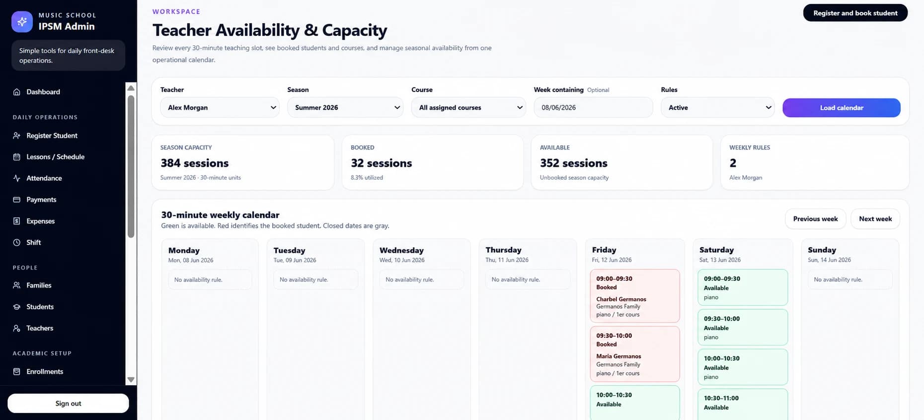 IPSM teacher availability calendar showing booked and available lesson capacity