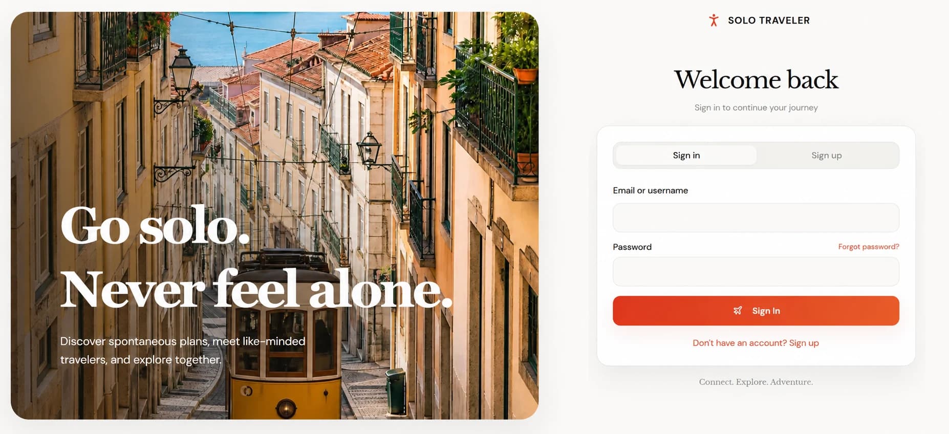 Solo Traveler sign-in experience with travel imagery