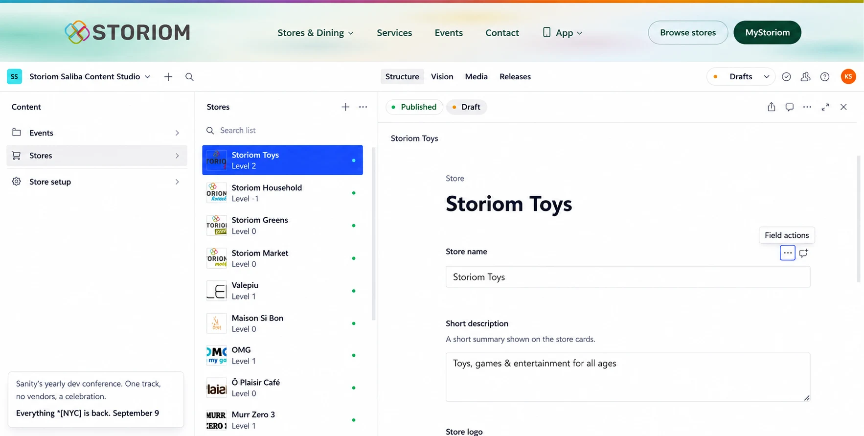 Storiom Sanity Studio showing structured store content and publishing status