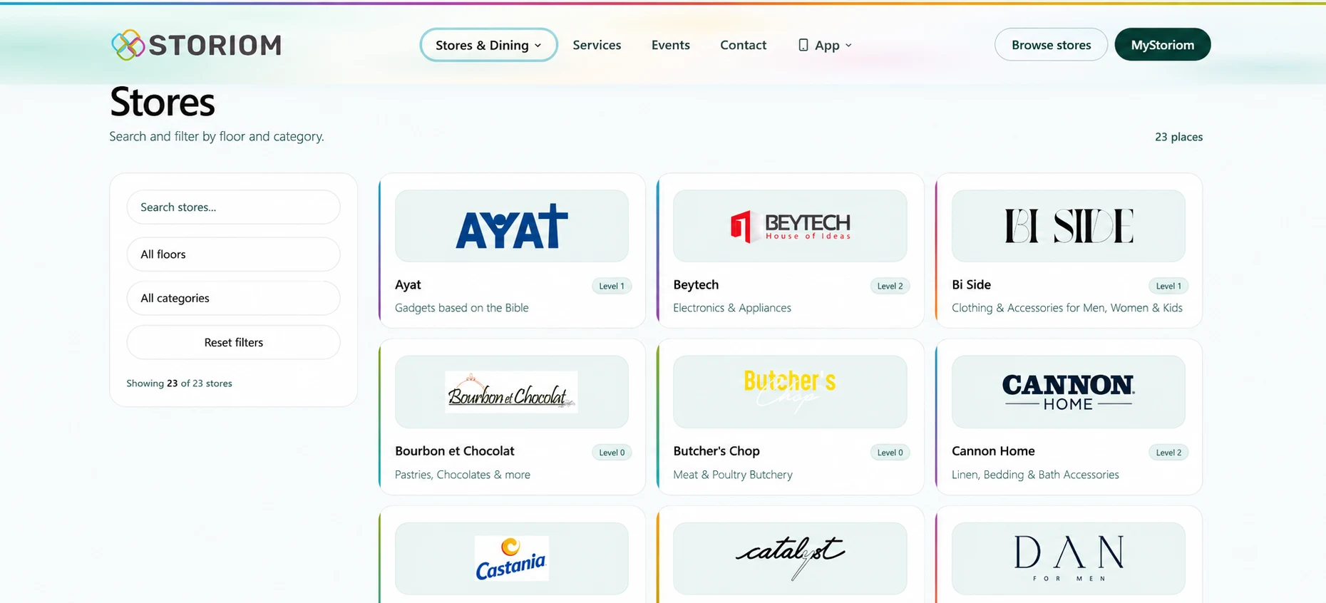 Storiom store directory with filters and store identities