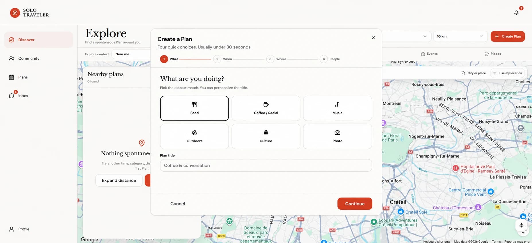 Solo Traveler plan creation flow with activity choices over the discovery map