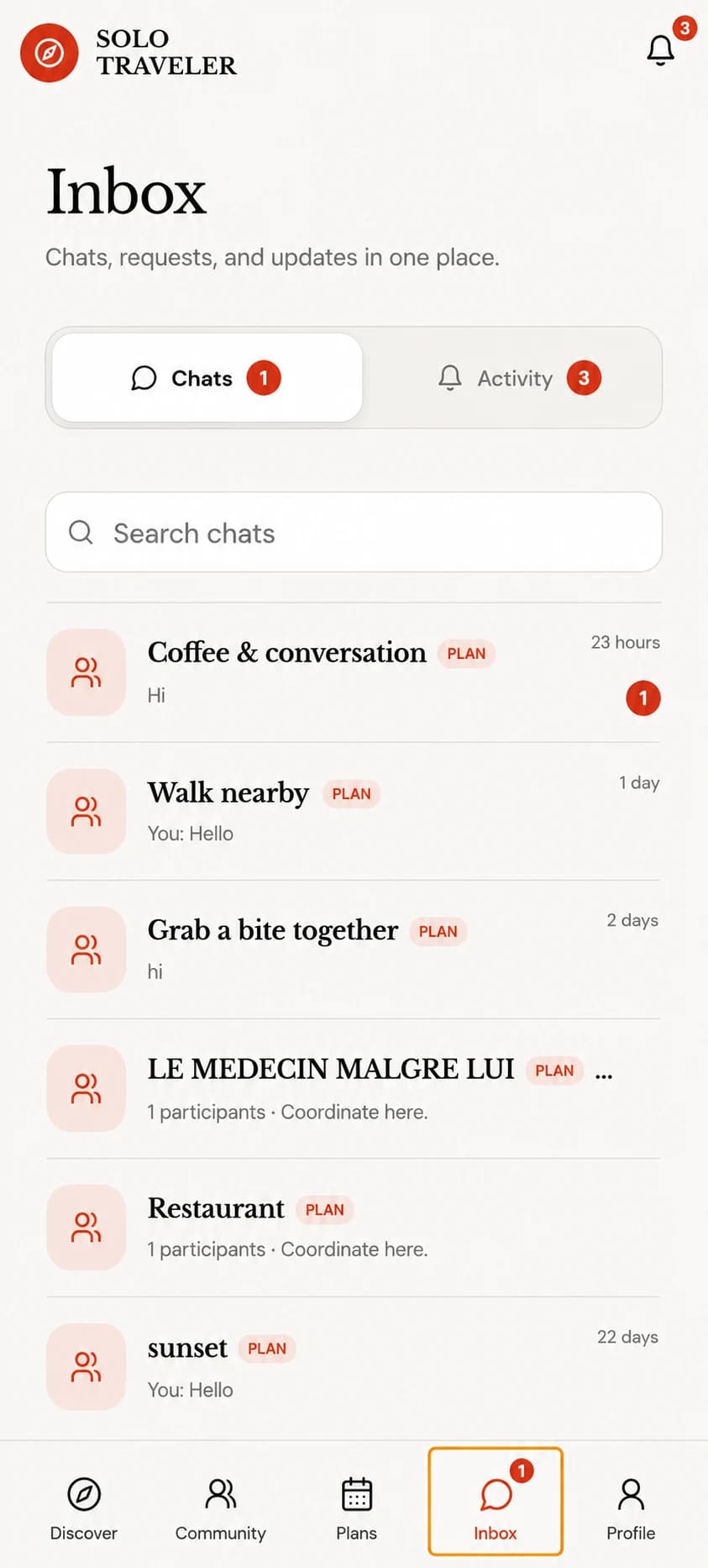 Solo Traveler mobile inbox organizing plan chats and activity updates