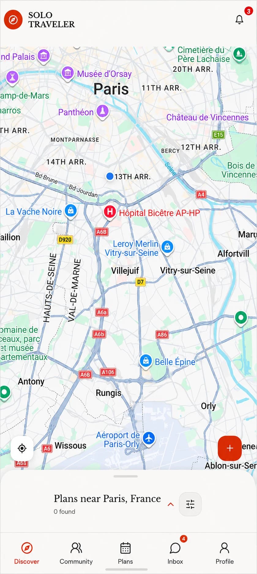 Solo Traveler mobile map for discovering nearby plans