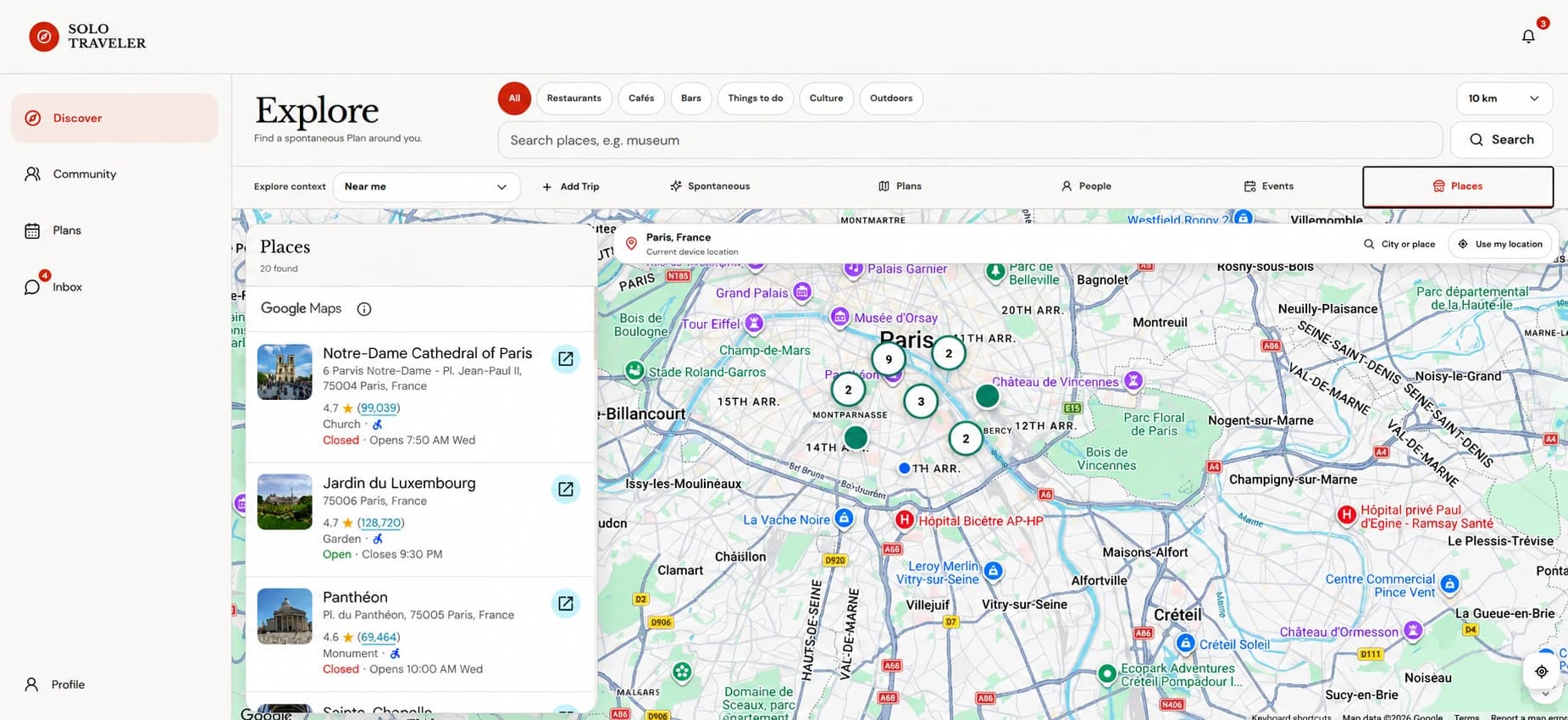 Solo Traveler desktop place discovery with map markers and nearby place results