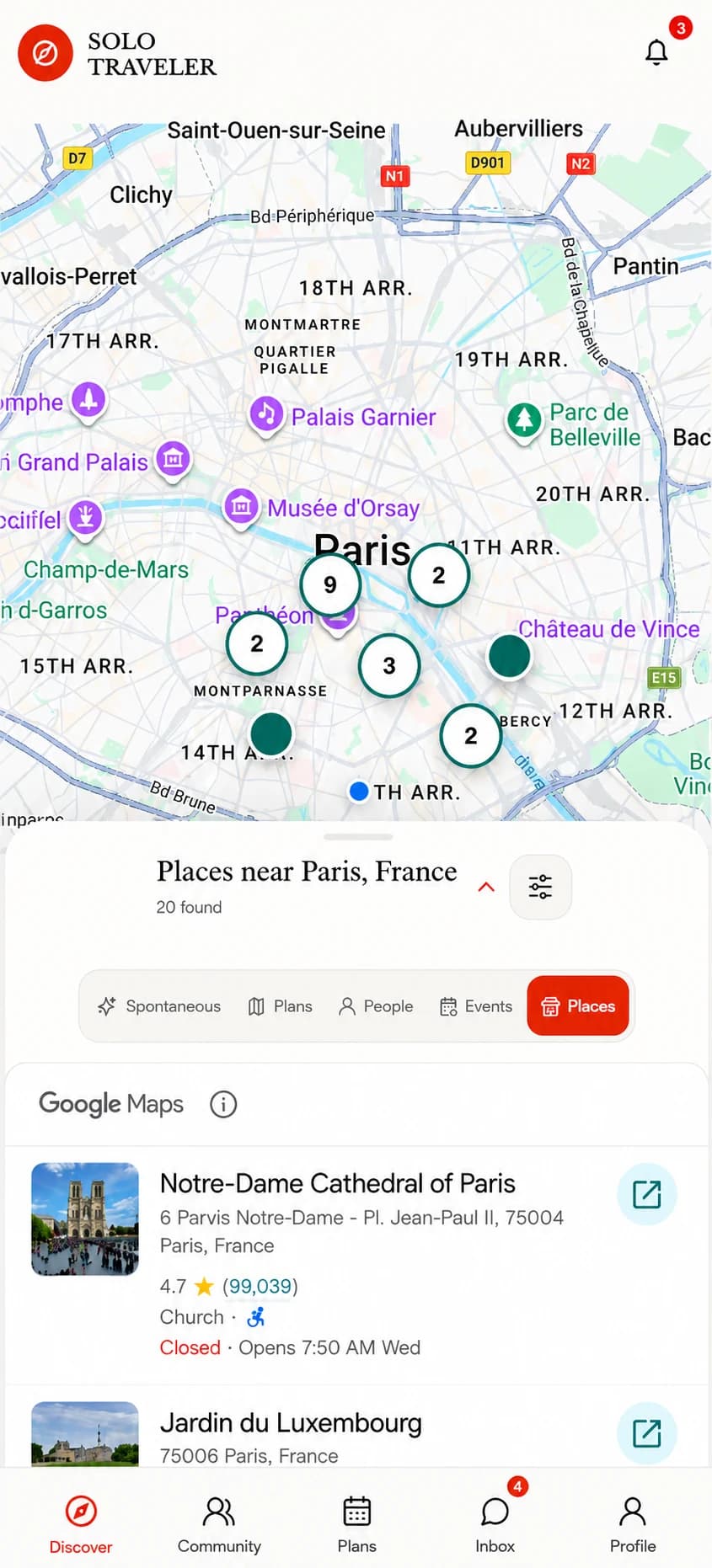 Solo Traveler mobile place discovery with map clusters and place details