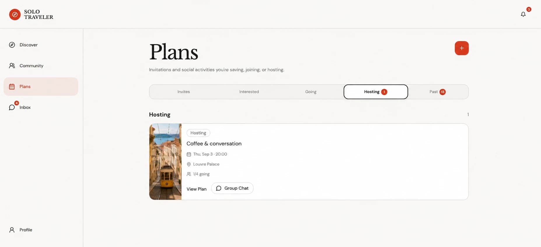 Solo Traveler plans workspace showing a hosted social activity and group chat access